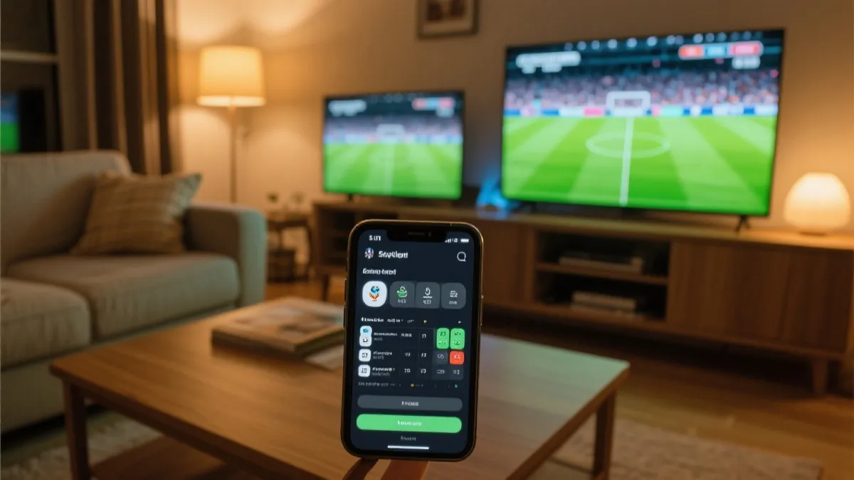 手机展示赛程与分组信息，旁边是电视播放比赛的客厅场景